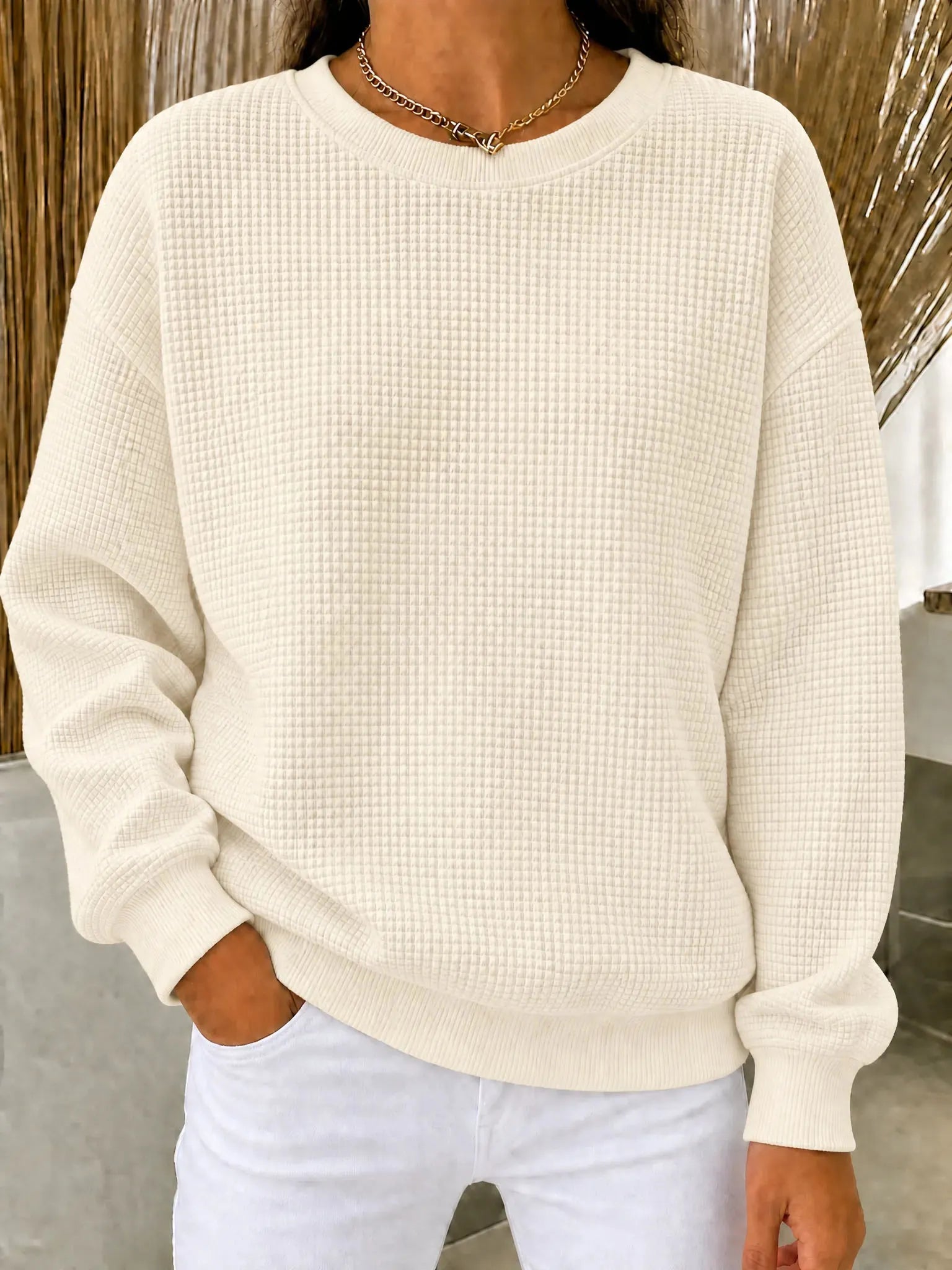 CLEARANCE SALEš„Women's Waffle Knit Crewneck Sweatshirt