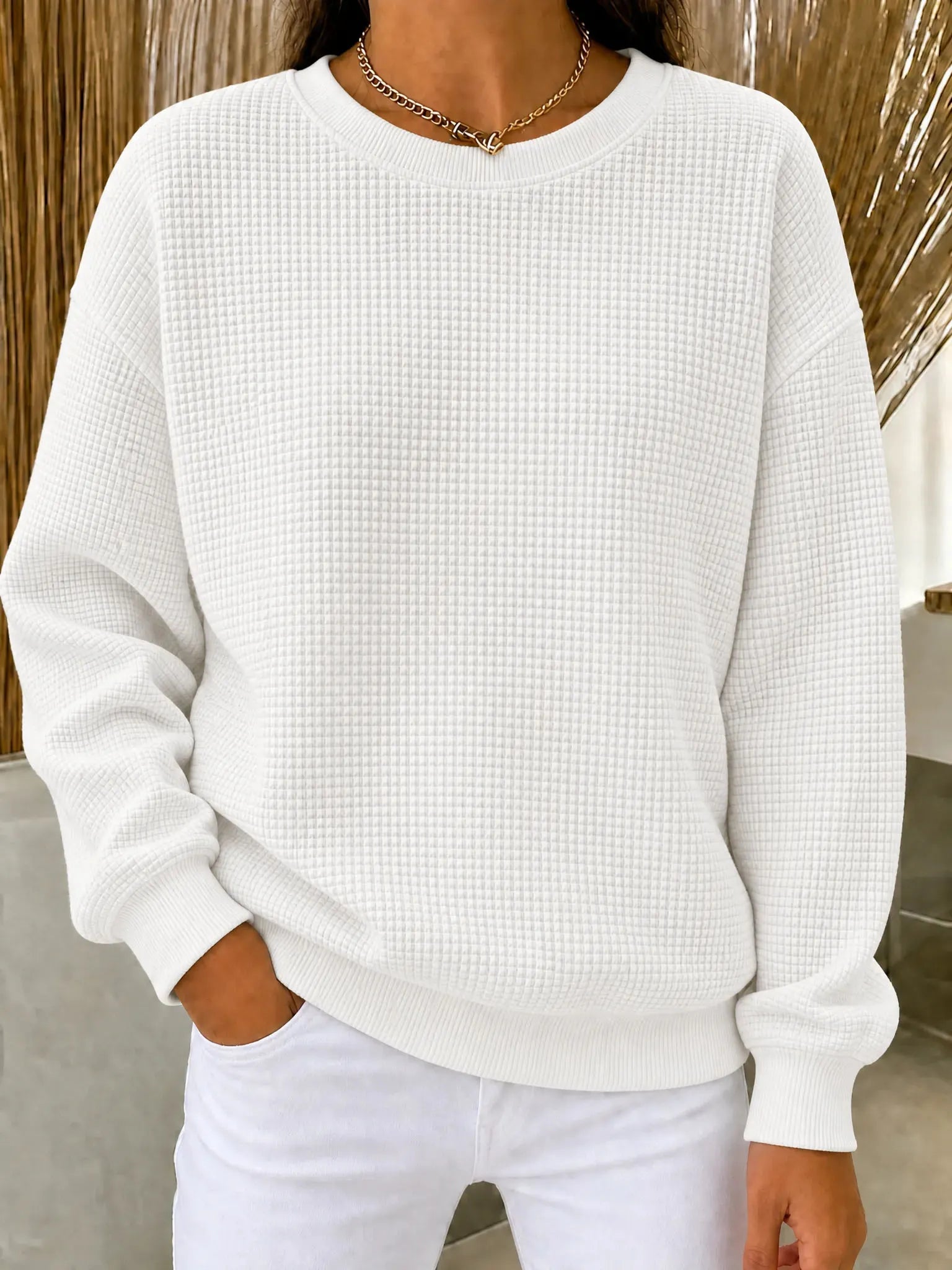 CLEARANCE SALEš„Women's Waffle Knit Crewneck Sweatshirt