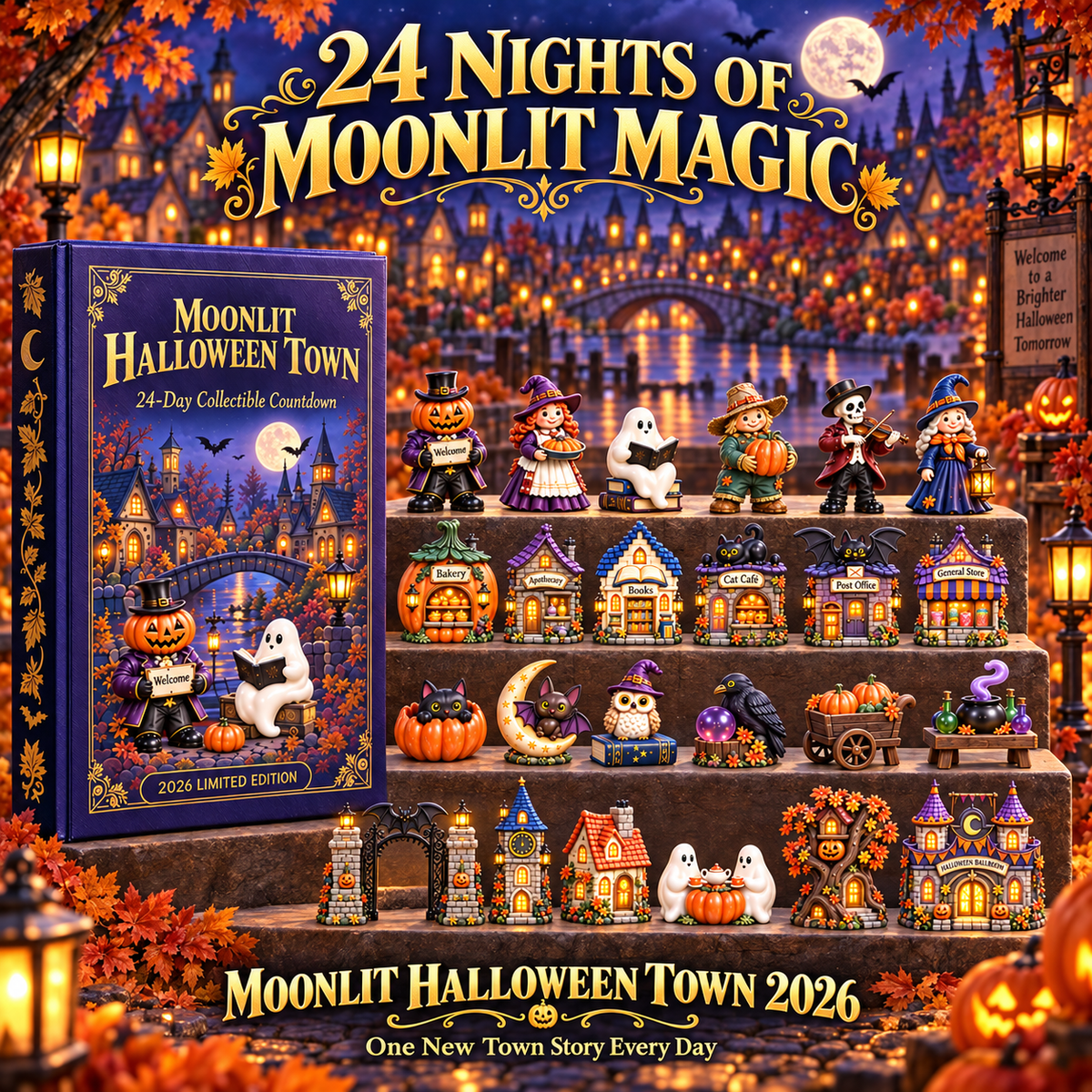 2026 Moonlit Halloween Town Advent Calendar – 24 Unique Miniature Collectibles in a Deluxe Gift Box