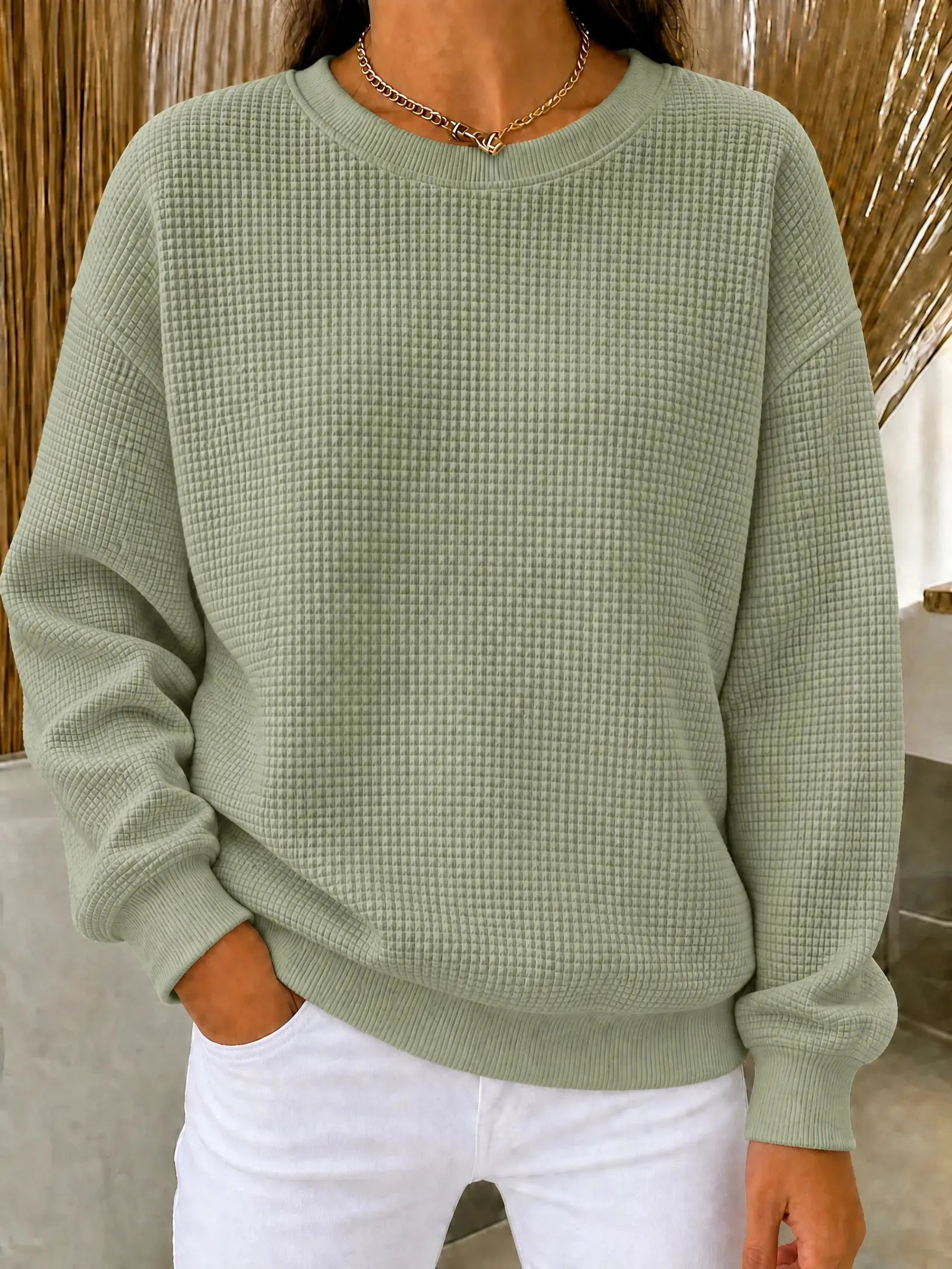 CLEARANCE SALEš„Women's Waffle Knit Crewneck Sweatshirt