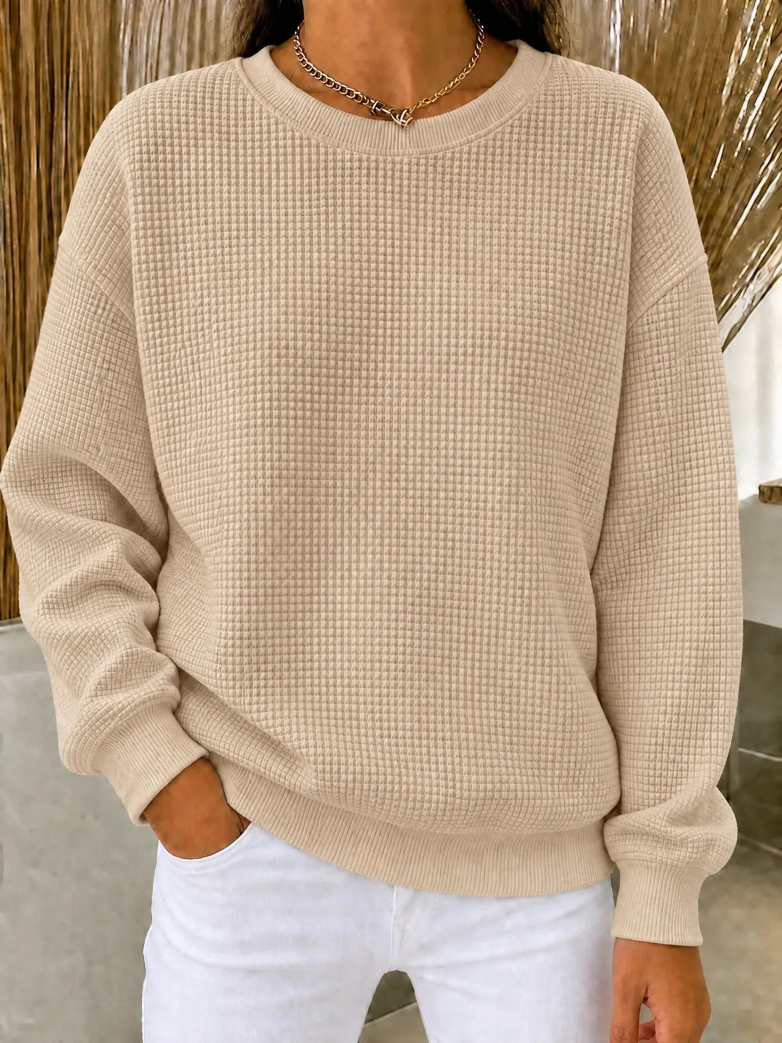 CLEARANCE SALEš„Women's Waffle Knit Crewneck Sweatshirt