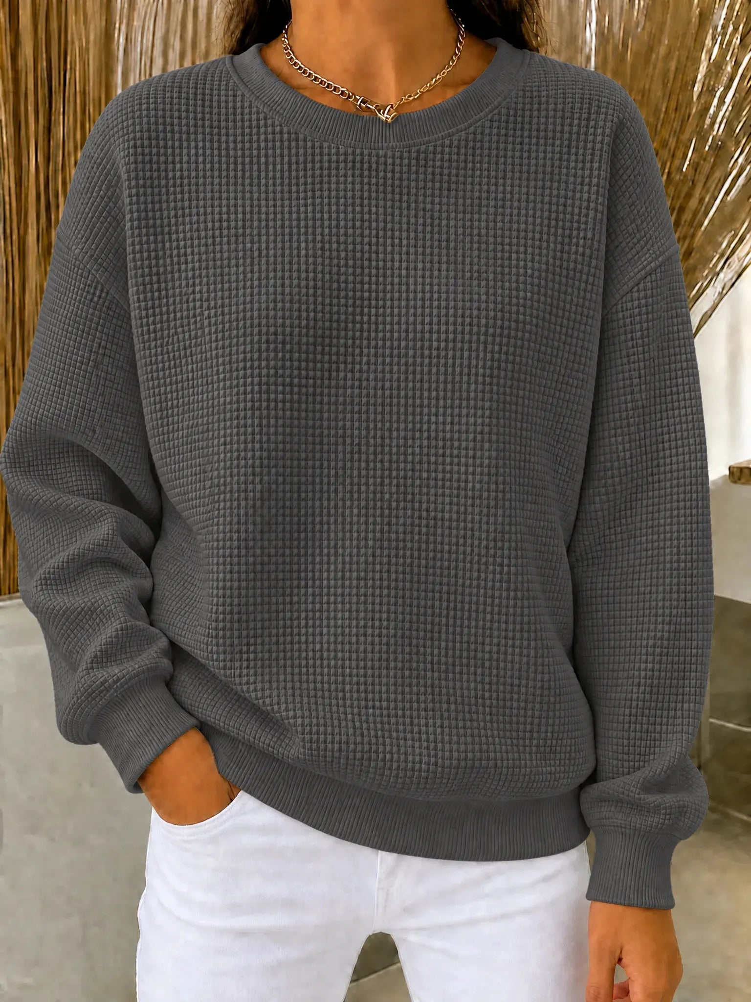 CLEARANCE SALEš„Women's Waffle Knit Crewneck Sweatshirt