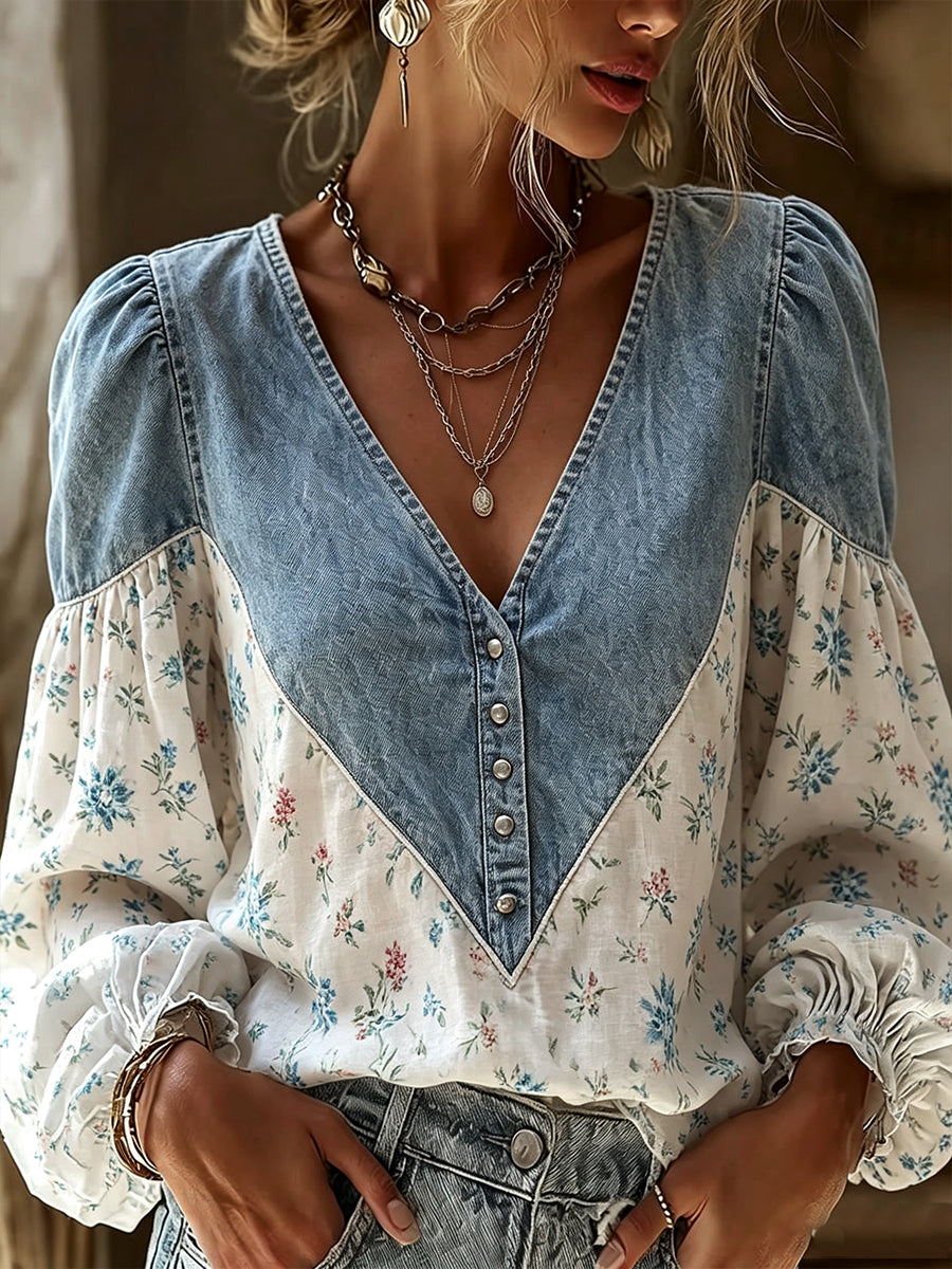 Boho-Chic Floral Paneling Denim Blouse