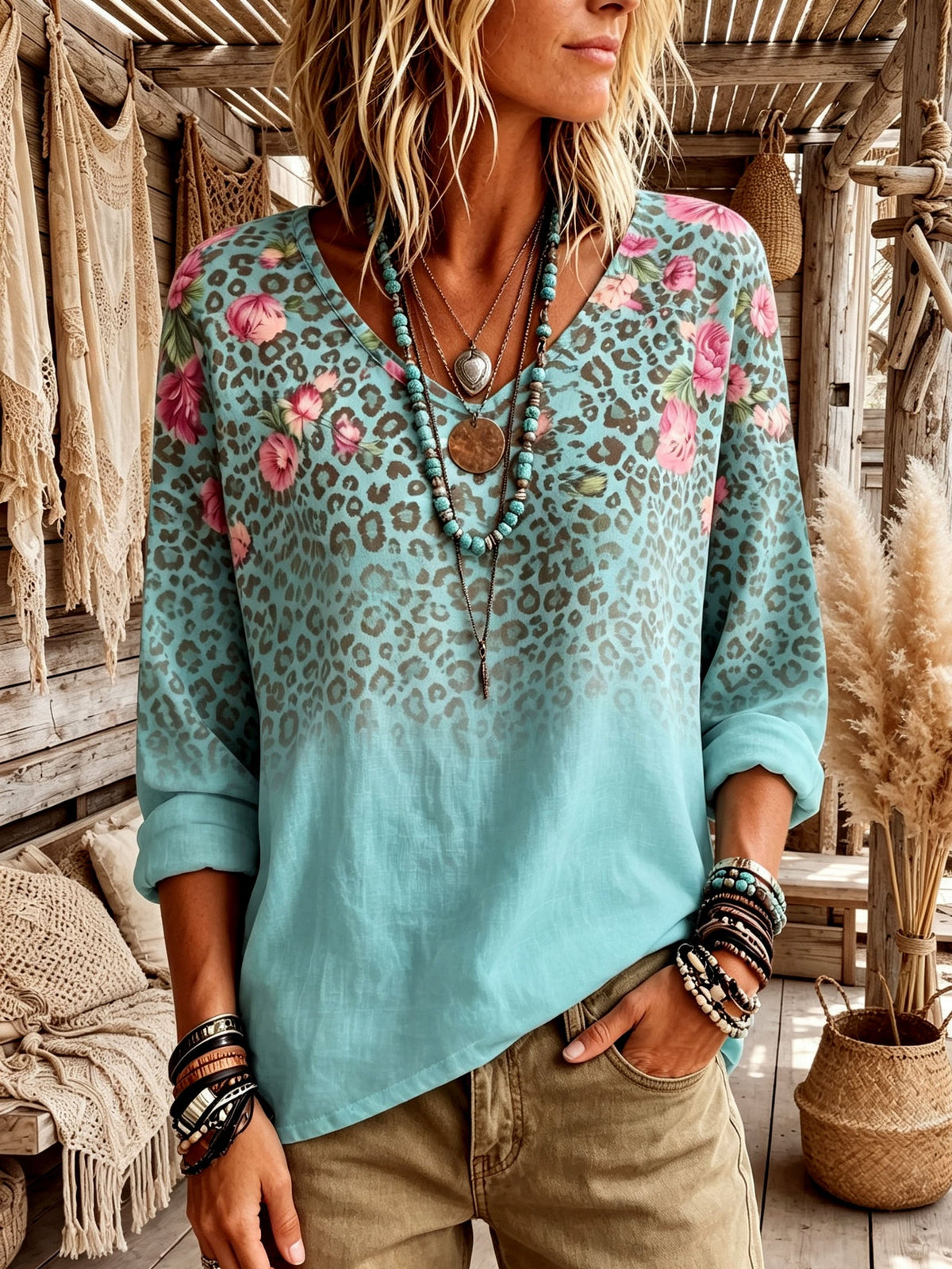 Boho Floral Leopard V-neck Top